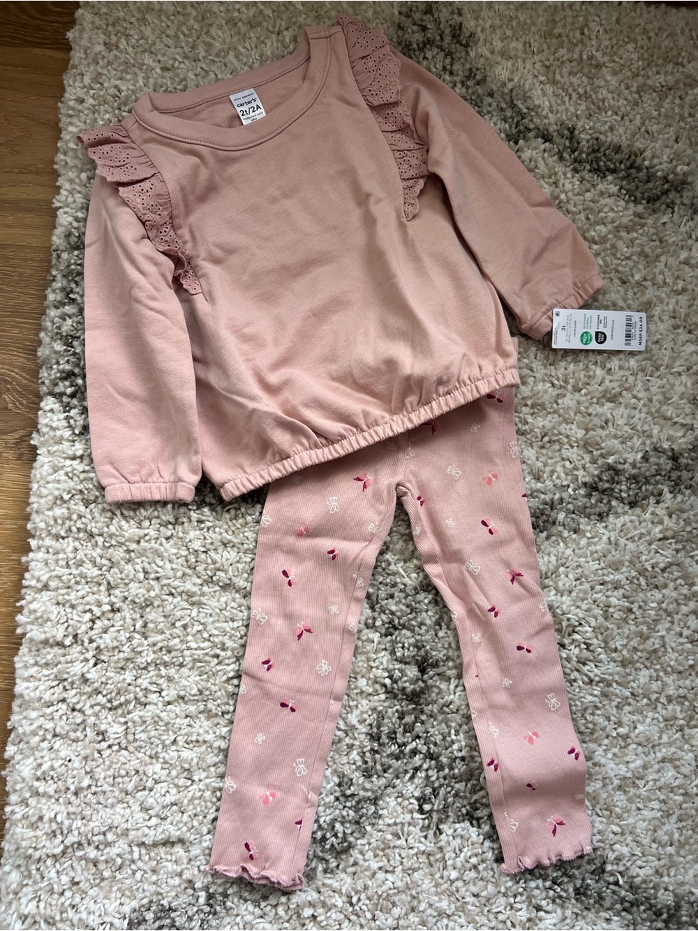 NWT Carter Girls’ Pink Ruffle Shoulder Matching Set with Printed Leggings